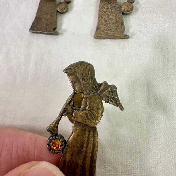 VTG Set 3 Distressed Goldtone Angel Lapel Pins Horns Green Blue Orange Crystals - Picture 3 of 4